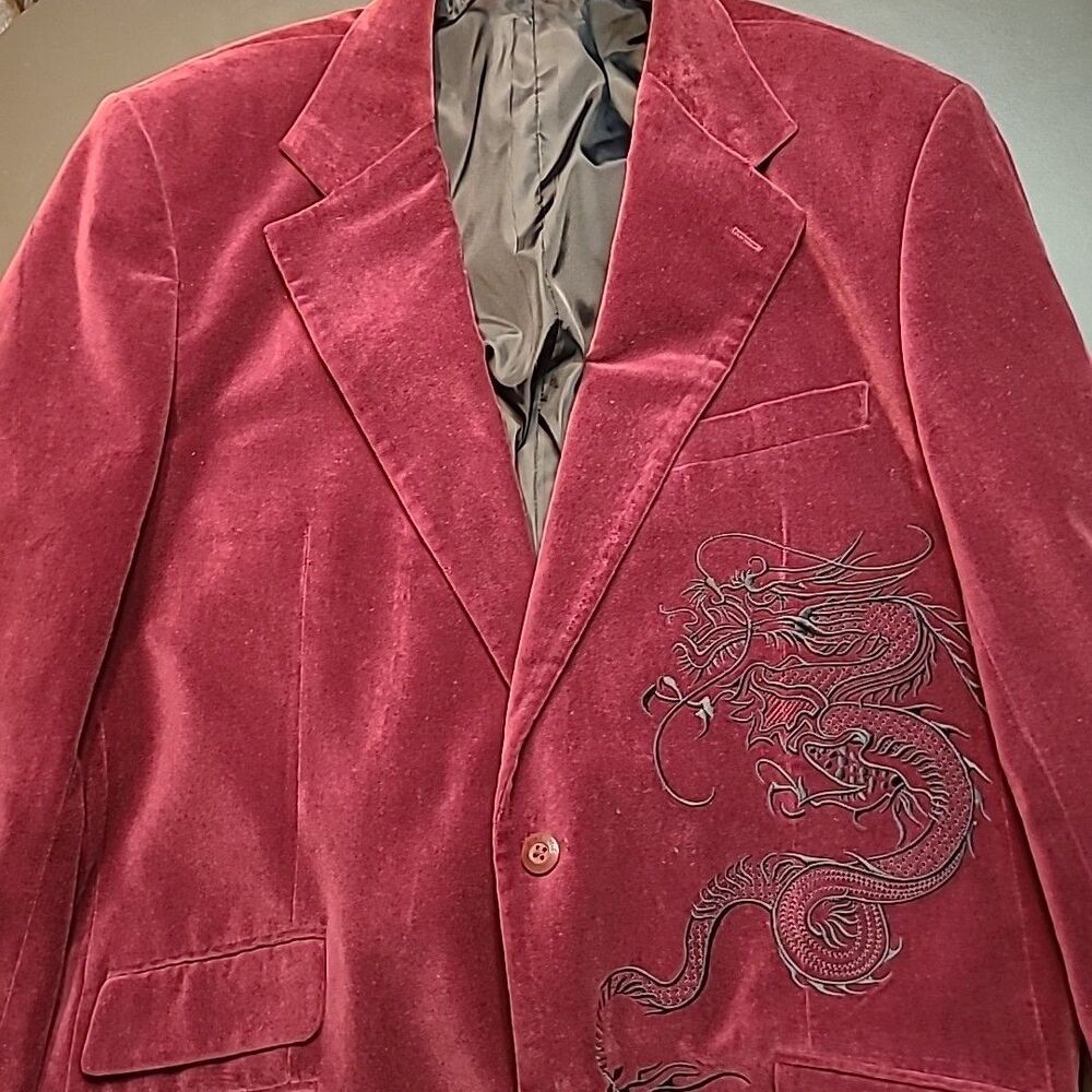 VTG 90s Y2K DRAGONFLY Maroon Velvet Blazer Jacket Mens 3XL Dragon Embroidered